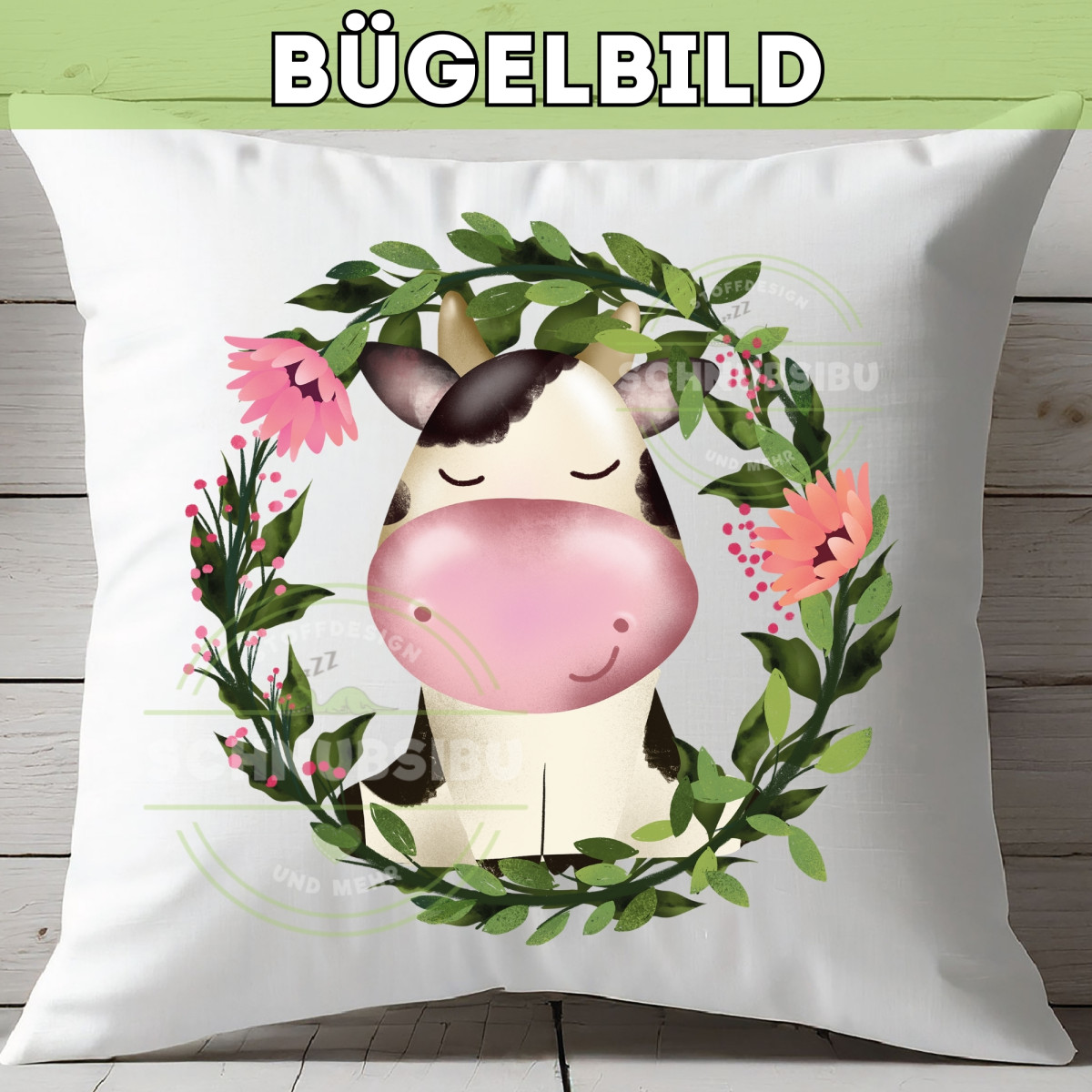 Bügelbild Kuh mit Kranz